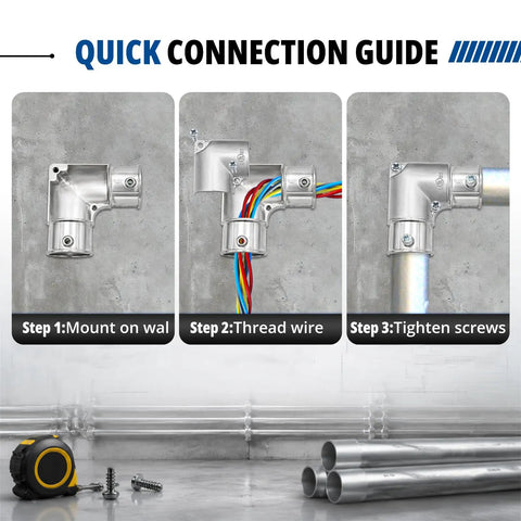 Heavy Duty 3/4 Inch Emt Conduit Fitting 90 Degree Inside Corner Pull Elbow Zinc Die Cast Raceway Setup step-by-step installation guide.