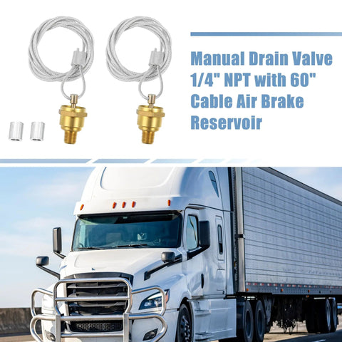 2 Pair Manual Air Tank Drain Valve Plug 1/4 NPT With 60 Inch Cable For Big Rigs Heavy Haulers And Navistar Dump Trucks OEM Replacement featuring brass valves and pull cables.