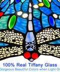 Close-up of Tiffany Style Stained Glass Pendant Light 12 Inch Wide Antique Blue Dragonfly design detail
