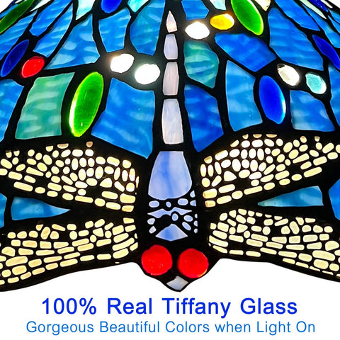Close-up of Tiffany Style Stained Glass Pendant Light 12 Inch Wide Antique Blue Dragonfly design detail