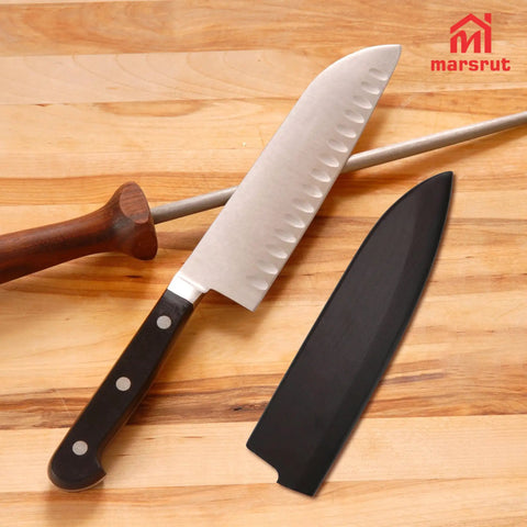 Magnetic Wood Saya Knife Sheath For 8 Inch Gyuto And Chef Knives, 210mm Blade Guard Case Protector on wooden surface next to knife