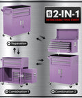 Illustration showing Beefy 8-Drawer Rolling Tool Chest With Detachable Top Box And Locking Wheels in purple configuration options.