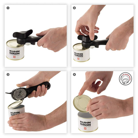 No-Touch Can Opener With Ring-Pull Tool And Auto Safety LidLifter Smooth-Edge Side-Cut Design For Safe Lid Removal Easy-Turn Handle Swiss Engineered Red opening a can