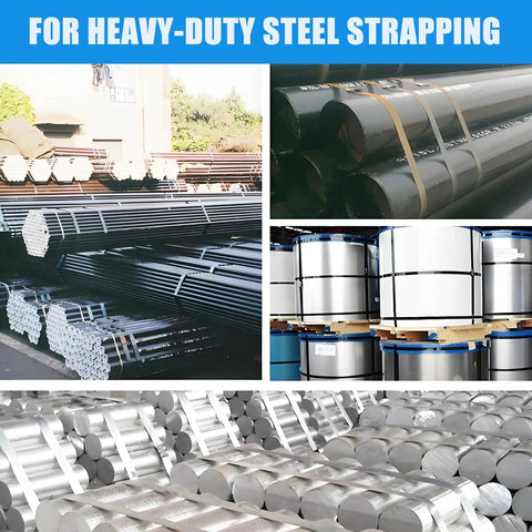 Heavy Duty Pneumatic Steel Strapping Machine With Automatic Tension Cutter For 19Mm Banding Steel Wood And Aluminum Profiles stacked steel and aluminum coils ready for strapping
