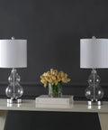 Chrome and Clear Cora Glass Table Lamp Set of 2 With USB Charging Port on a table with white linen shades and LED bulbs included
