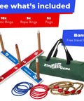 Ring Toss Outdoor Yard Game with 5 rope rings, plastic rings, pegs, wooden base, and a travel bag included for family fun