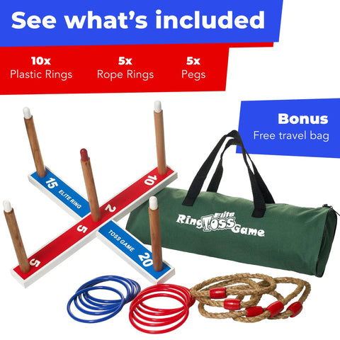 Ring Toss Outdoor Yard Game with 5 rope rings, plastic rings, pegs, wooden base, and a travel bag included for family fun
