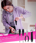 Woman using Pink 175 Piece 20V Cordless Drill Tool Set For Women with screwdriver, tool set displayed