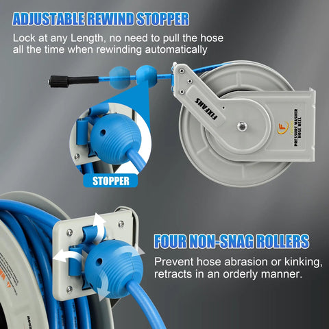 Pressure Washer Hose Reel With Retractable Hose, Sixty Foot Long One Quarter Inch Core, Auto Rewind, wall detail
