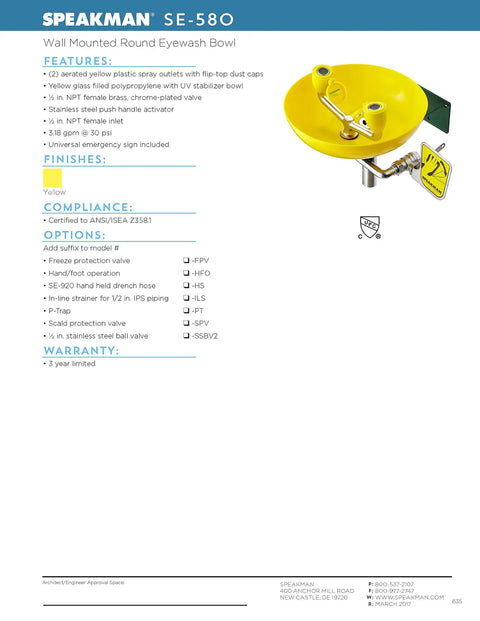 Yellow Wall Mounted Emergency Eyewash Station With Dual Spray Heads And Hands Free Activation 15 Minute Flush Traditional Series