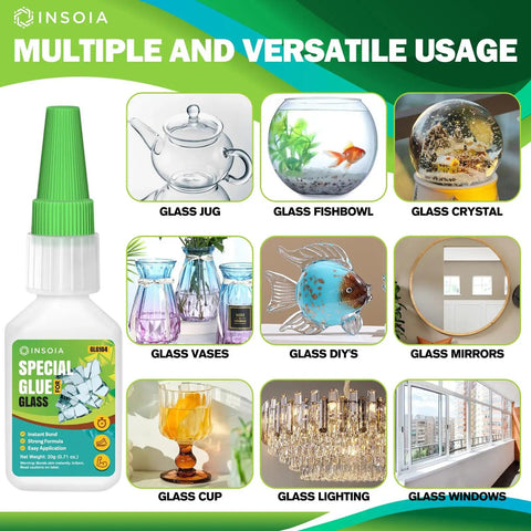 Crystal Clear Glass Glue For Quick Fixes And Crazy Strong Bonds On Glass And Ceramic, 20g, shown with various glass objects.