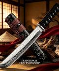 Japanese Tanto Knife With Damascus Steel Fixed Blade For Bushcraft And Survival, Rugged Outdoor Hunting Knife With Wooden Sheath