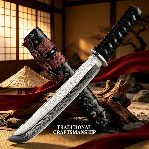 Japanese Tanto Knife With Damascus Steel Fixed Blade For Bushcraft And Survival, Rugged Outdoor Hunting Knife With Wooden Sheath