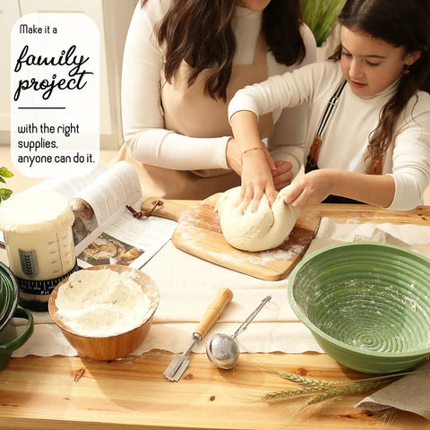 Family using All In One Sourdough Starter Kit With Pot 34 Oz Starter Jar 4 Banneton Baskets Scraper Scale and guide for homemade bread making