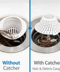 Bathtub Drain Strainer Silicone Bathroom Stopper Fixture, comparison of hair caught and not caught in drain.