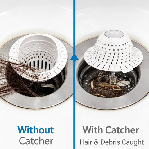 Bathtub Drain Strainer Silicone Bathroom Stopper Fixture, comparison of hair caught and not caught in drain.