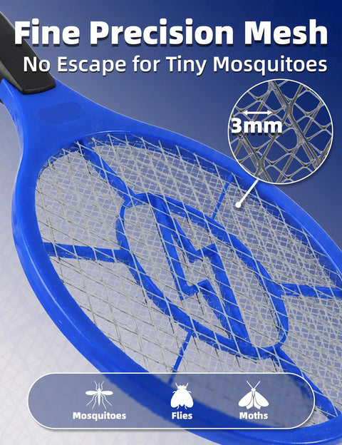 Close-up of blue racket from Two Pack Electric Fly Swatter Set Yellow And Blue High Voltage Bug Zapper With Safety Mesh For Indoor And Outdoor Use Mosquito Killer Battery Powered Requires AA Batteries Not Included No More Buzzing