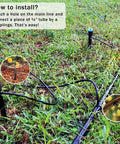 50 Pack Drip Emitters With Stakes, Fan Shaped 360 Degree Sprayer, setup process with 1/4 inch tubing on grassy lawn