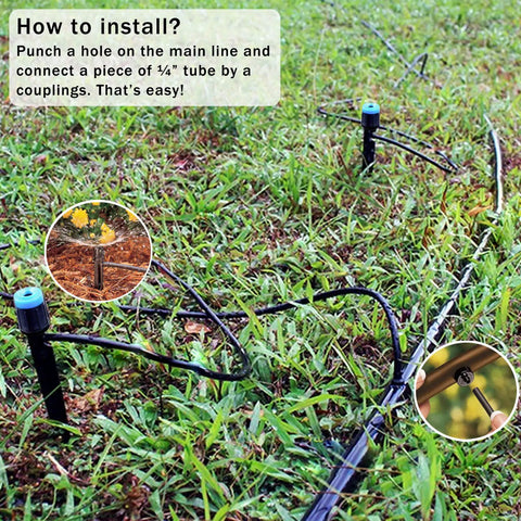 50 Pack Drip Emitters With Stakes, Fan Shaped 360 Degree Sprayer, setup process with 1/4 inch tubing on grassy lawn