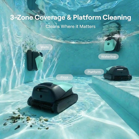 Sora 10 Cordless Pool Vacuum Robot cleaning inground pool walls, floor, and waterline, mint green design visible underwater.