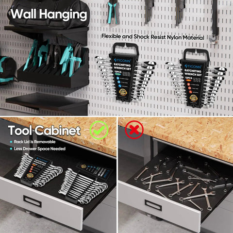 Ratcheting Wrench Set With Slim Organizer Rack 12 Piece Metric Wrenches for Automotive Home and DIY Projects displayed on wall and in tool cabinet.