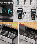 24 Piece Ratcheting Wrench Set With Organizer Rack stored in a tool cabinet, showcasing wall hanging and storage versatility.