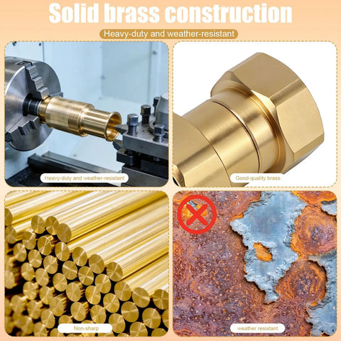 Sturdy Heavy Duty Brass Female To Female Garden Hose Adapter Connector Fits Standard 3/4 Inch Outdoor Nozzles With Extra Sealing Washers For A Leak Proof And Durable Yard Water Flow Setup Today, solid brass close-up