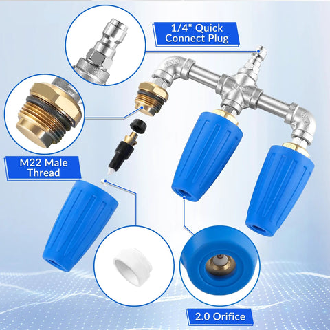 3-In-1 Turbo Nozzle For Pressure Washer With 360 Degree Rotating Jet Streams That Clean Tough Grime Fast And Make Scrubbing Way Easier, 4000 PSI, 4-6 GPM, 1 Quarter Inch Quick Connect, 2.0 Orifice, Blue featuring details.