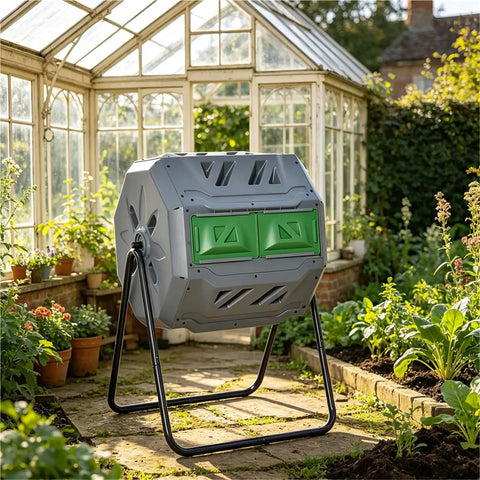 43 Gallon Dual Chamber Compost Tumbler With 360 Degree Rotation And 16 Aeration Vents for fast yard-friendly garden composting in gray