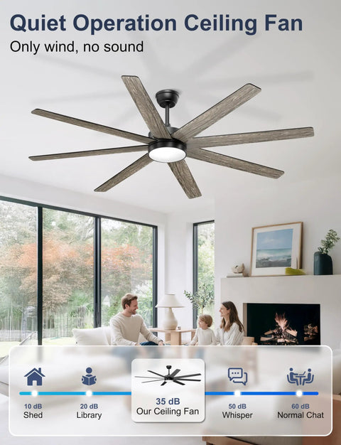 Big 72 Inch Ceiling Fan With Lights Remote Or App Control Dimmable LED Lighting in a modern living room setting