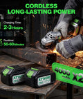 Heavy Duty Cordless Angle Grinder With Brushless Motor And 125mm Discs Featuring Three Speed Settings cutting metal, with 4000 mAh battery.