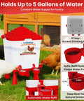 All In One Chicken Feeder And Waterer Set 5 Gallon Automatic Waterer With Cups No Waste 40 Lb Feeder shown in use with chickens