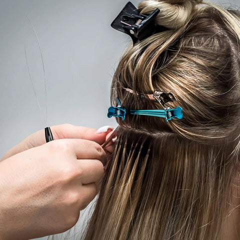 10 Pack Hair Extension Loop Tools And Needle Threaders For Easy Stringing And Styling, Lightweight Plastic Handle in use
