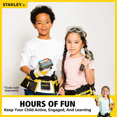 Young boy and girl in tool belts demonstrating Kid Sized Work Gloves For Little Hands That Stay Safe And Comfortable With Durable Fabric.