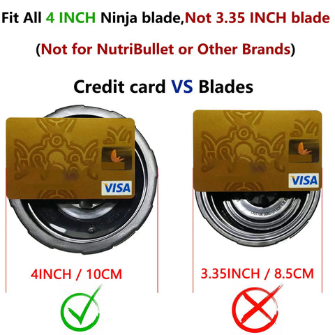 Comparison of 4 inch vs 3.35 inch Ninja blades using a credit card for scale, showing compatibility and sizing.
