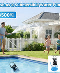 Half Horsepower Pool Cover Pump With Automatic On Off 3500 GPH Submersible Water Pump spraying water next to pool