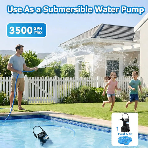 Half Horsepower Pool Cover Pump With Automatic On Off 3500 GPH Submersible Water Pump spraying water next to pool