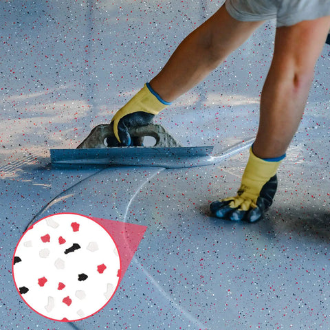 Epoxy Floor Decorative Flakes Kit 2.4 Kg 5.3 Lb Red Black White Blend 5-8 Mm Chips being spread on concrete floor