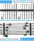 Image showing Two Pack Vertical Fishing Rod Rack Wall Mounted Holder That Stores Up To Eighteen Rods Or Combos Fits Most Rod Diameters From 0.12 To 0.75 Inches Perfect Garage Storage For Fishing Gear And A Dope Gift For Men in vertical and horizontal configurations.