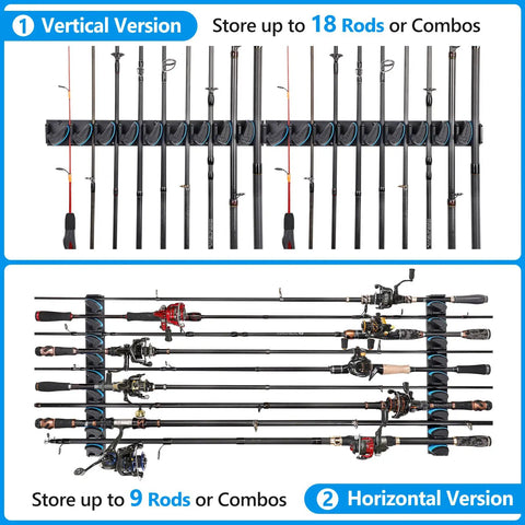 Image showing Two Pack Vertical Fishing Rod Rack Wall Mounted Holder That Stores Up To Eighteen Rods Or Combos Fits Most Rod Diameters From 0.12 To 0.75 Inches Perfect Garage Storage For Fishing Gear And A Dope Gift For Men in vertical and horizontal configurations.