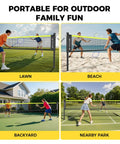Outdoor Badminton Net Set With Anti Sag Winch System for tournament tightness official size twenty feet by five feet includes visual setup in different locations.