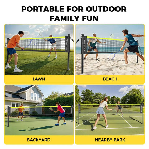 Outdoor Badminton Net Set With Anti Sag Winch System for tournament tightness official size twenty feet by five feet includes visual setup in different locations.