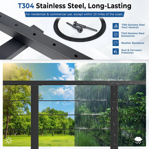 Totally Modular Cable Railing Kit For Decks And Patios Featuring 42 Inch Stainless Wire Posts showing T304 stainless steel post with weather resistance.