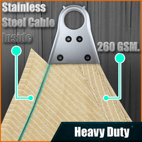 Beige Triangle Sun Shade Sail 12 By 12 By 12 Feet With Super Ring Edges UPF50 Plus UV Blockage 98 Percent Commercial Grade Heavy Duty 260 GSM Patio Canopy detail showing fabric and hardware.
