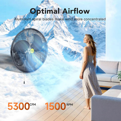 Beastly 20 Inch High Velocity Metal Industrial Oscillating Wall Fan With Three Speed Settings Up To 5300 CFM in living room.