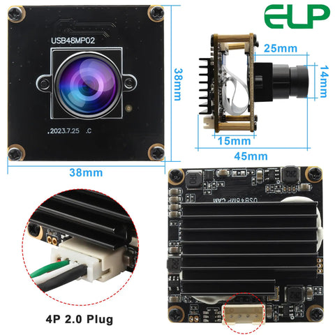 Front and side view of Dope 48MP USB Camera Module with 100 Degree FOV, IMX586 sensor, showing dimensions and plug details.