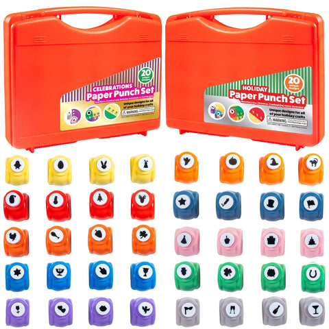 Mini Scrapbook Paper Hole Puncher Set with Forty Holiday Designs in red cases for card making and party decor.