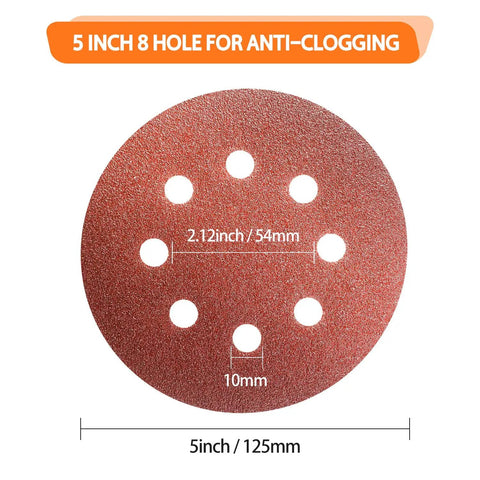 5 inch sanding disc with 8 holes for anti-clogging, showing dimensions, from the 100 piece 5 inch sanding discs set with 8 hole hook and loop