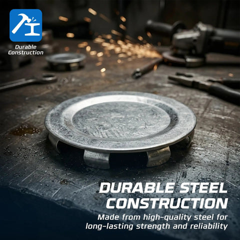 Heavy Duty Snap In Knockout Seals For Electrical Boxes Zinc Plated Steel Enclosure Plugs 1 1/4 Inch 25 Pack resting on a workshop table.