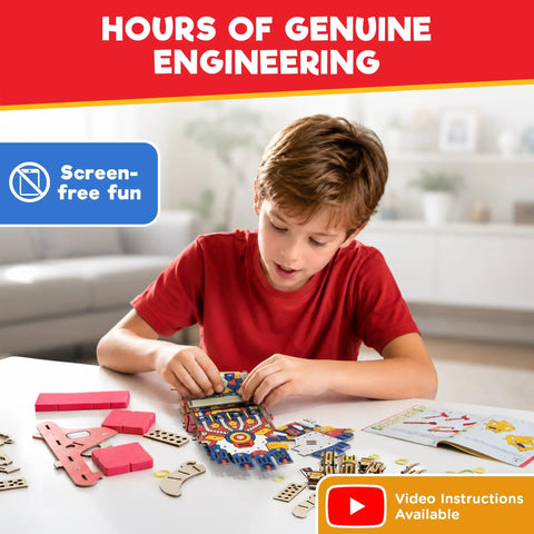 Hands On Robotic Hand Kit For Kids Ages Eight To Thirteen, Wearable Cool Gripper Build Kit To Learn Engineering And Anatomy Through Play, DIY STEM Toy Gift For Birthday Fun And Creative Problem Solving. Boy assembling wooden robotic hand kit at table